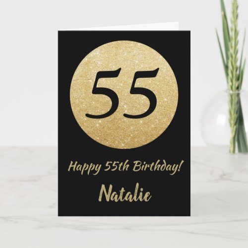 Happy 55th Birthday Black and Gold Glitter Card