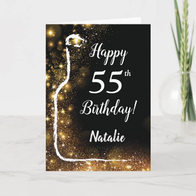 Happy 55th Birthday Black and Gold Glitter Wine Card (Front)