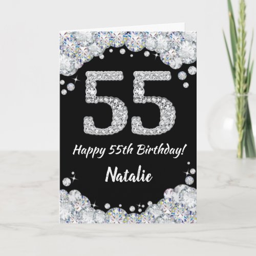 Happy 55th Birthday Black and Silver Glitter Card