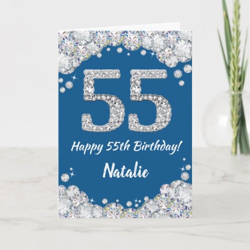 Happy 55th Birthday Blue and Silver Glitter Card
