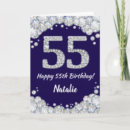 Happy 55th Birthday Navy Blue and Silver Glitter Card