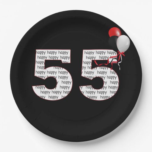 Happy 55th Birthday On Black Paper Plate