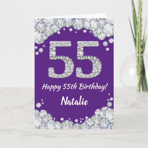 Happy 55th Birthday Purple and Silver Glitter Card