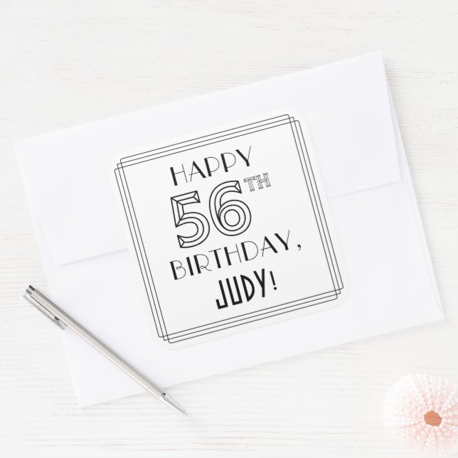 HAPPY 56TH BIRTHDAY, Art Deco Style, Custom Name Square Sticker (Envelope)