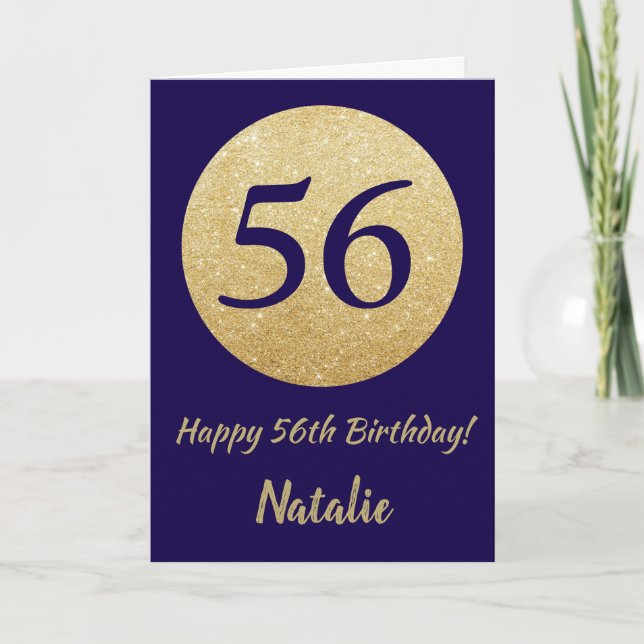 Happy 56th Birthday Navy Blue and Gold Glitter Card (Front)