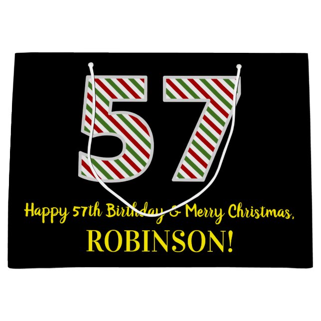 Happy 57th Birthday & Merry Christmas, Custom Name Large Gift Bag (Front)