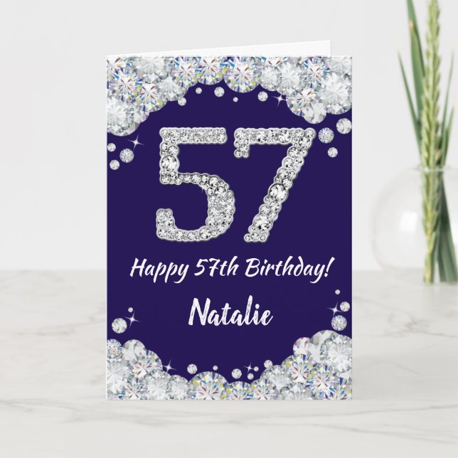 Happy 57th Birthday Navy Blue and Silver Glitter Card (Front)