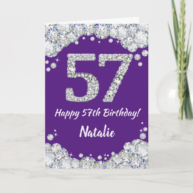 Happy 57th Birthday Purple and Silver Glitter Card (Front)