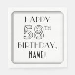 [ Thumbnail: Happy 58th Birthday; Art Deco Style; Custom Name Napkins ]