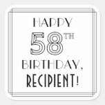 [ Thumbnail: Happy 58th Birthday, Art Deco Style, Custom Name Sticker ]