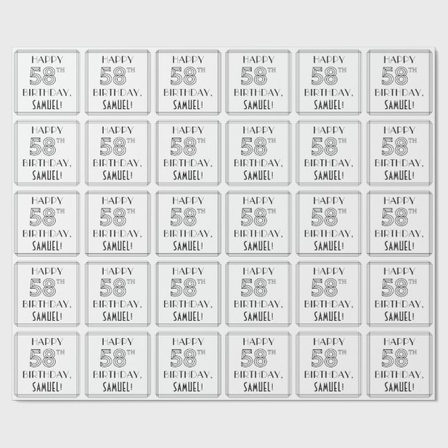 HAPPY 58TH BIRTHDAY; Art Deco Style; Custom Name Wrapping Paper (Flat)