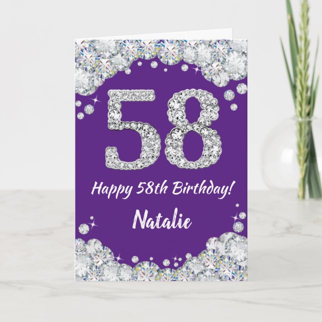Happy 58th Birthday Purple and Silver Glitter Card (Front)