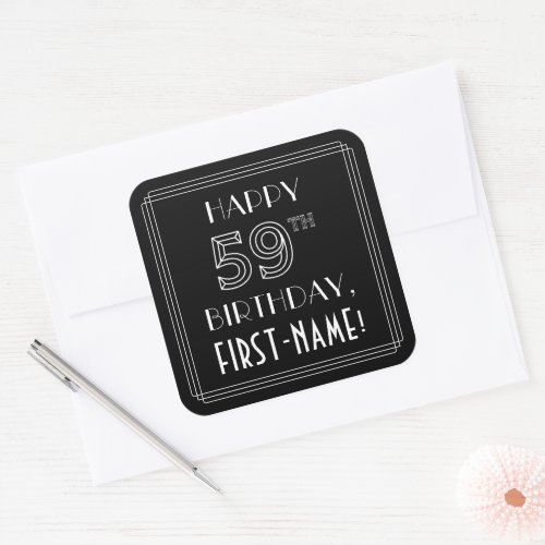 HAPPY 59TH BIRTHDAY Art Deco Style Custom Name Square Sticker