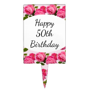 Happy 5oth Birthday Pink Rose Floral Cake Topper