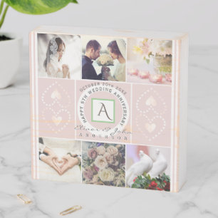 "Happy 5th Anniversary" 6 Custom Photos Pink Wooden Box Sign