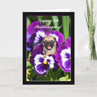 Happy 5th Anniversary Pug in pansies card