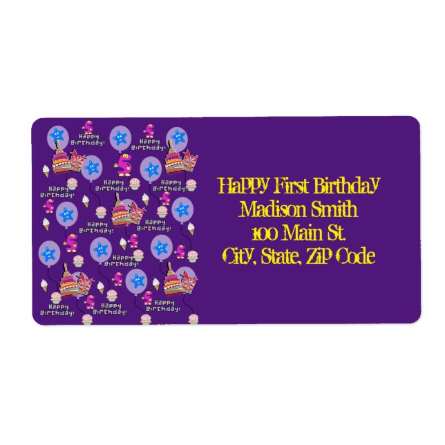 Happy 5th Birthday Address Labels, Yellow & Purple Label (Front)