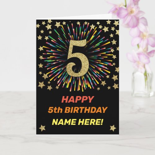 Happy 5th Birthday Black  Gold Rainbow Firework Card