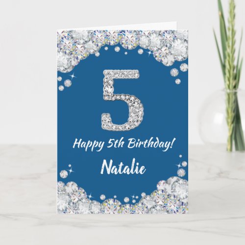 Happy 5th Birthday Blue and Silver Glitter Card