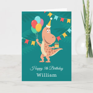 Happy 5th Birthday Cake Balloon Cute Dinosaur Card