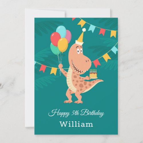 Happy 5th Birthday Cake Balloon Cute Dinosaur Card