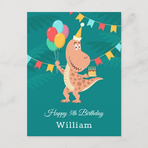 Happy 5th Birthday Cake Balloon Cute Dinosaur Postcard