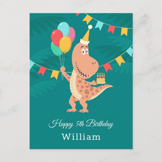 Happy 5th Birthday Cake Balloon Cute Dinosaur Postcard (Front)