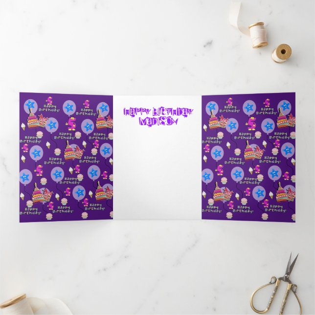 Happy 5th Birthday Card, #5 Purple & Yellow Tri-Fold Card (Inside)