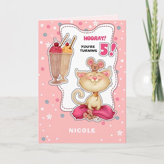 Happy 5th Birthday. Custom Name Fun Kitty and Mice Card (Front)