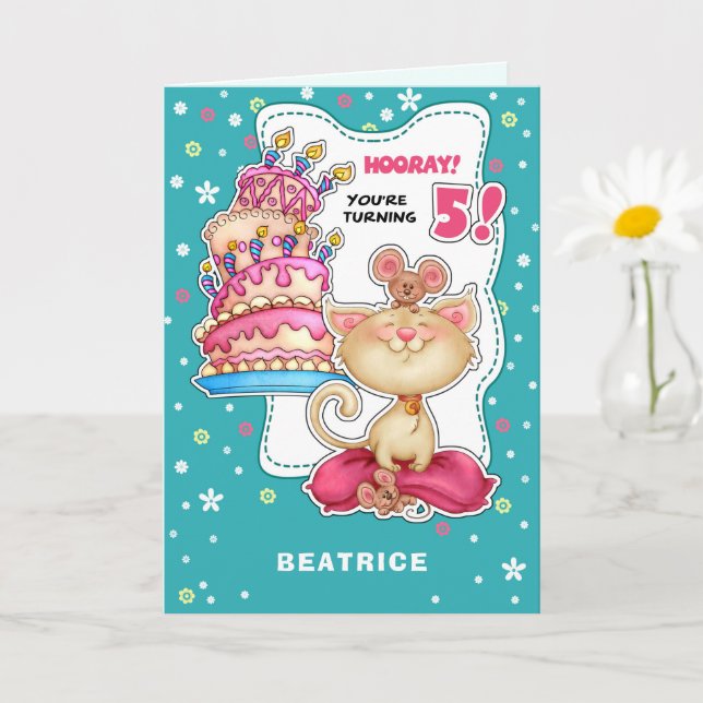 Happy 5th Birthday. Custom Name Fun Kitty and Mice Card (Small Plant)