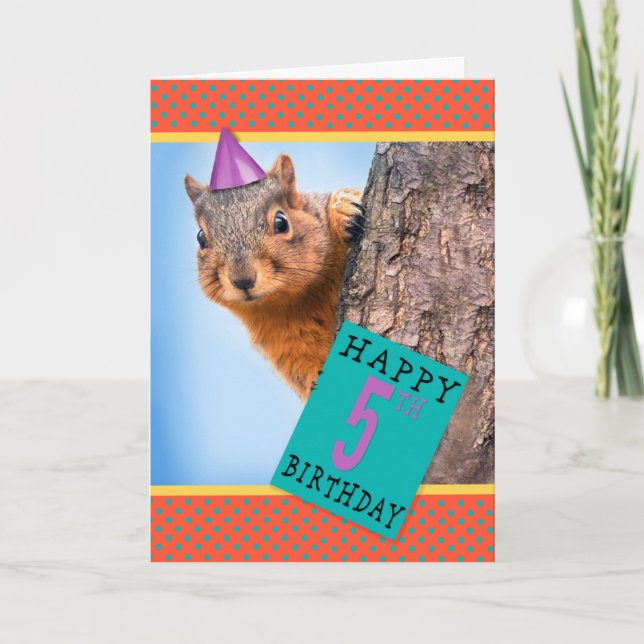 Happy 5th Birthday Cute Squirrel in Party Hat Hum Holiday Card (Front)