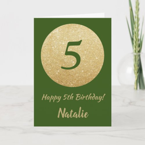 Happy 5th Birthday Green and Gold Glitter Card