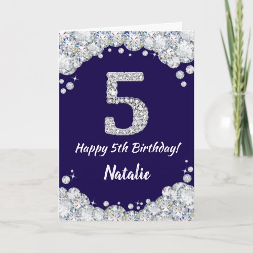 Happy 5th Birthday Navy Blue and Silver Glitter Card