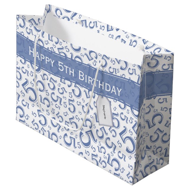 Happy 5th Birthday Number Pattern 5 Blue/White Large Gift Bag (Front Angled)