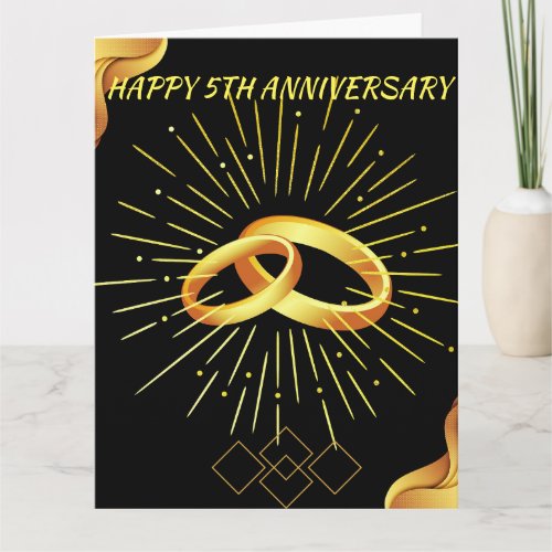  Happy 5th Wedding Anniversary Black Hot Gold Boho Card