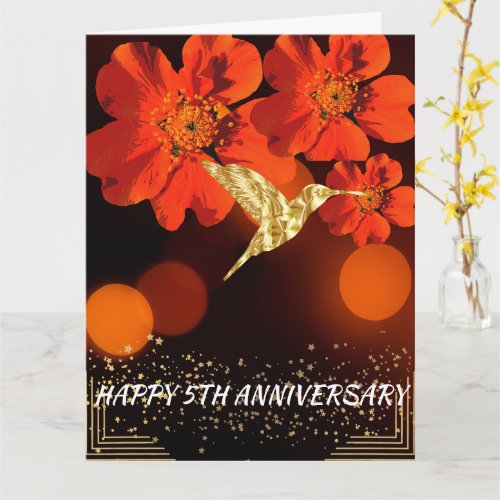 Happy 5th Wedding Anniversary Orange Flowers Bird Card