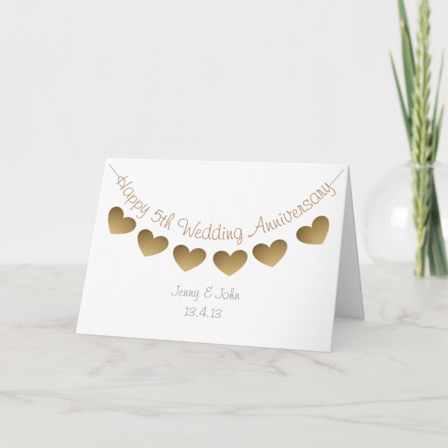 Happy 5th Wedding Anniversary, wood heart bunting Card (Front)