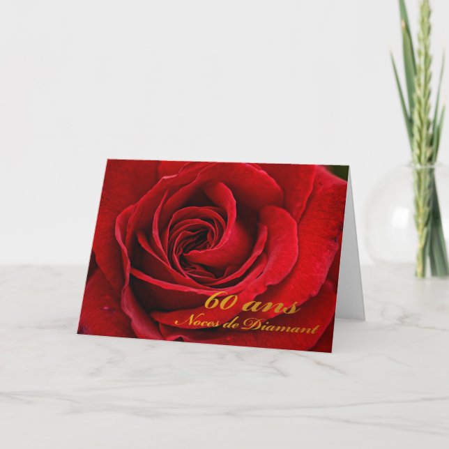 Happy 60th Anniversary in French, Red Rose Upclose Card (Front)