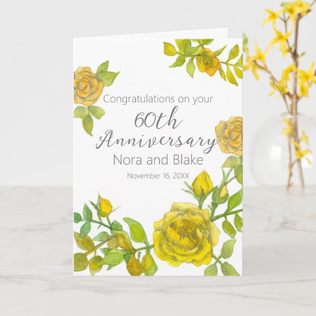 Happy 60th Anniversary Yellow Roses Custom Name Card (Yellow Flower)