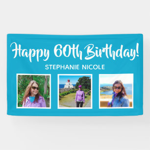Happy 60th Birthday Aqua Blue Personalized Photos Banner