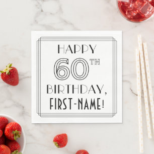 HAPPY 60TH BIRTHDAY; Art Deco Style; Custom Name Napkins