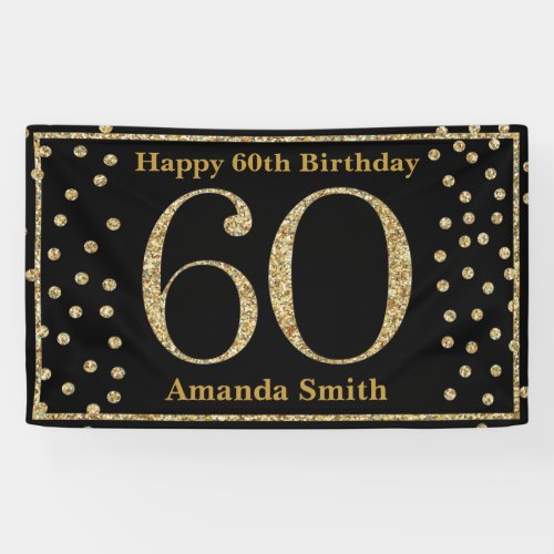 Happy 60th Birthday Banner Black and Gold Glitter