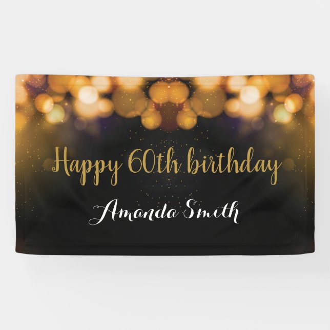 Happy 60th Birthday Banner. Black and Gold Glitter Banner (Horizontal)