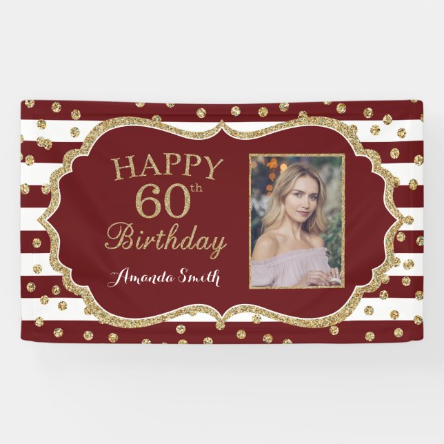 Happy 60th Birthday Banner Burgundy and Gold Photo (Horizontal)