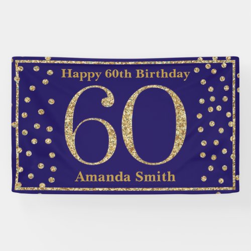 Happy 60th Birthday Banner Navy Blue Gold Glitter