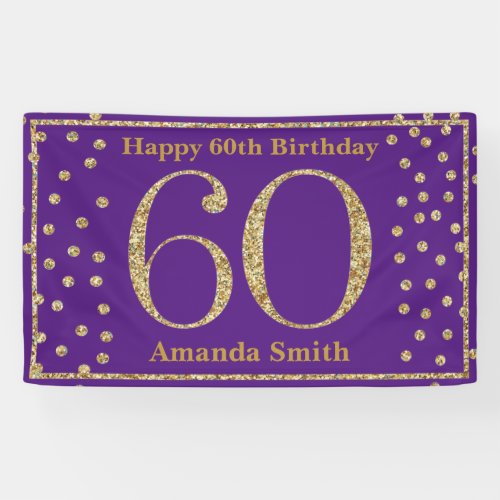 Happy 60th Birthday Banner Purple and Gold Glitter