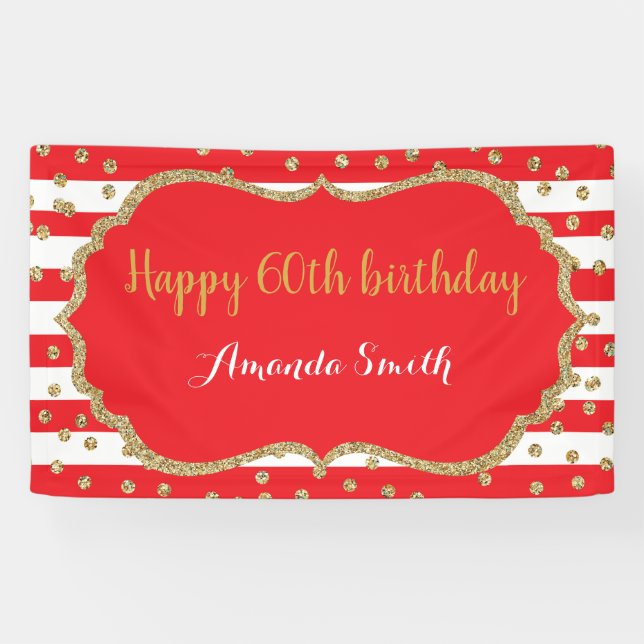 Happy 60th Birthday Banner Red and Gold Glitter (Horizontal)