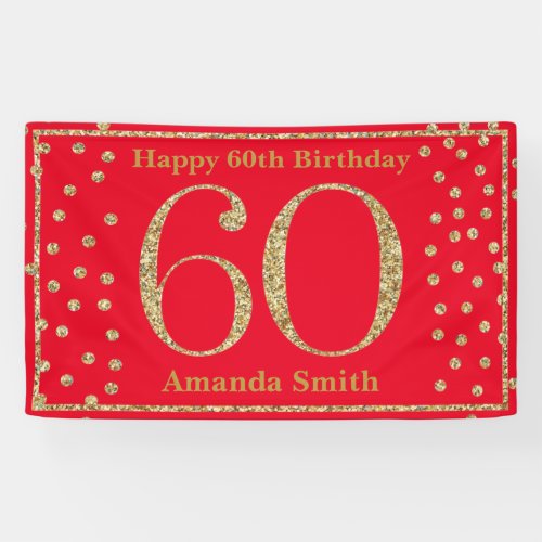 Happy 60th Birthday Banner Red and Gold Glitter