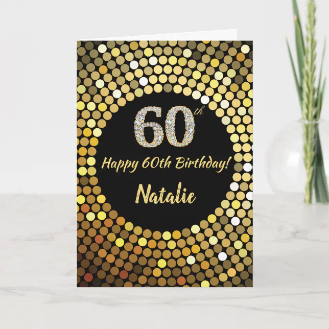 Happy 60th Birthday Black and Gold Glitter Card | Zazzle