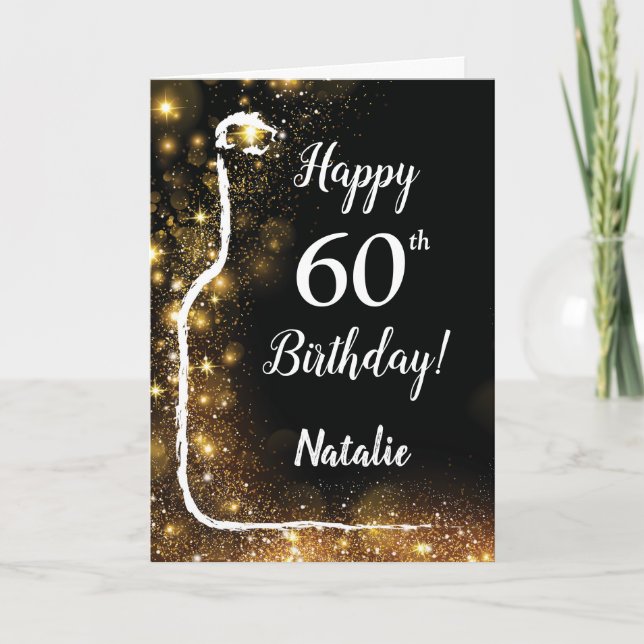 Happy 60th Birthday Black and Gold Glitter Wine Card (Front)
